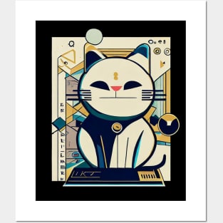 Cute lucky cat | Black, blue, and yellow Posters and Art